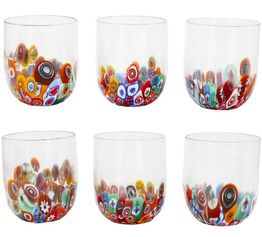 Set of 6 Murano Murrine Goto Glasses: Set of 6 Murano Murrine Goto Glasses Set of 6 drinking glasses crafted using the Millefiori Murrine technique, featuring rich, high-quality textures and vibrant color compositions. Each glass is uniqu
