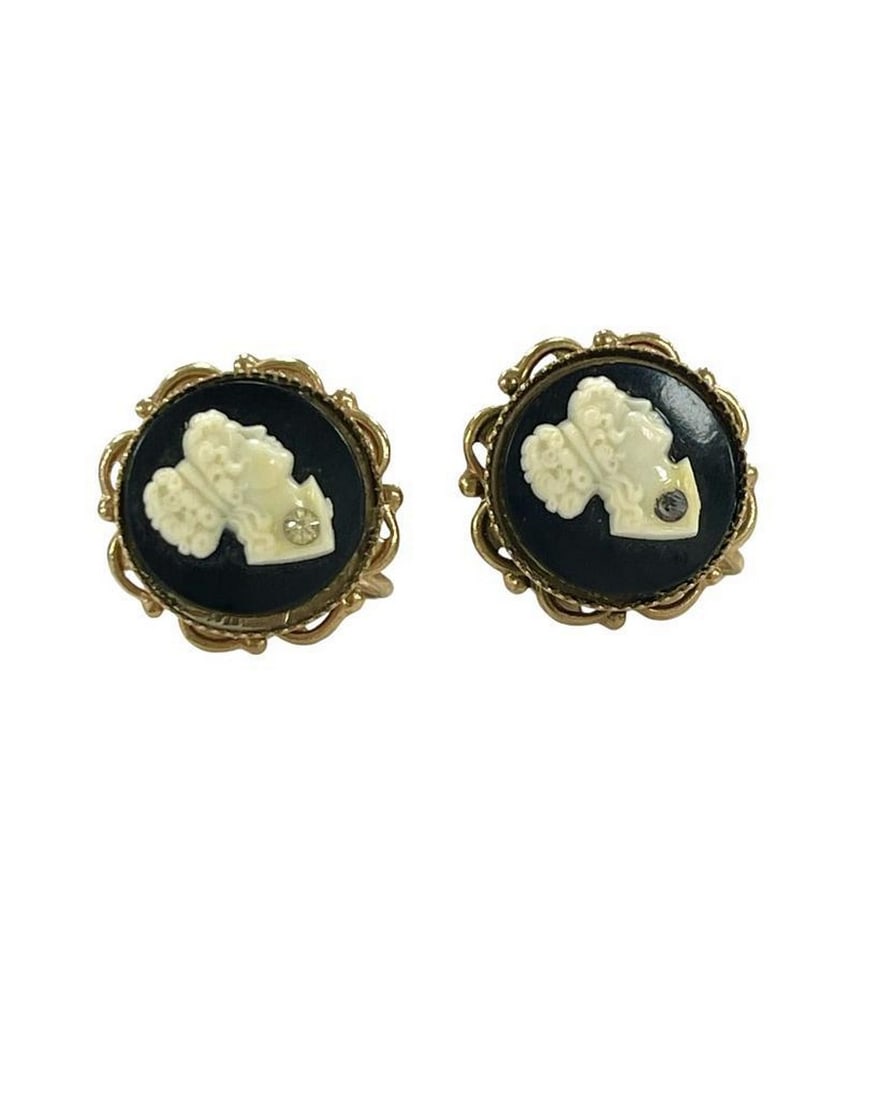 Vintage Gold Victorian Lady Noir Cameo Earrings: Vintage Gold Victorian Lady Noir Cameo Earrings Transport yourself to a bygone era with our Vintage Gold Victorian Lady Noir Cameo Earrings. Delicately carved lady cameos set against a captivating