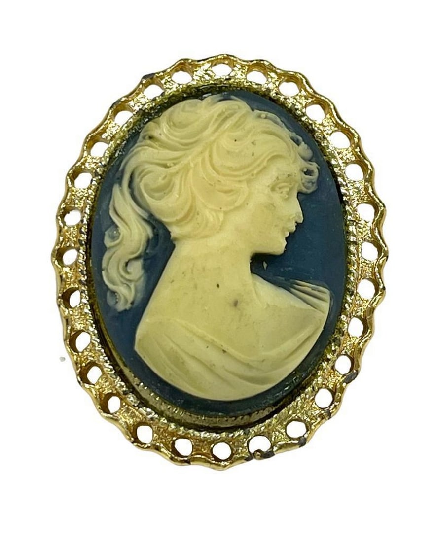 Victorian Aura Steel Blue Gray & Cream Cameo Gold Brooch: Victorian Aura Steel Blue Gray & Cream Cameo Gold Brooch Evoke an era of elegance with our Victorian Reverie Cameo Gold Brooch. Against a steel blue gray backdrop, a delicate cream lady's profile is