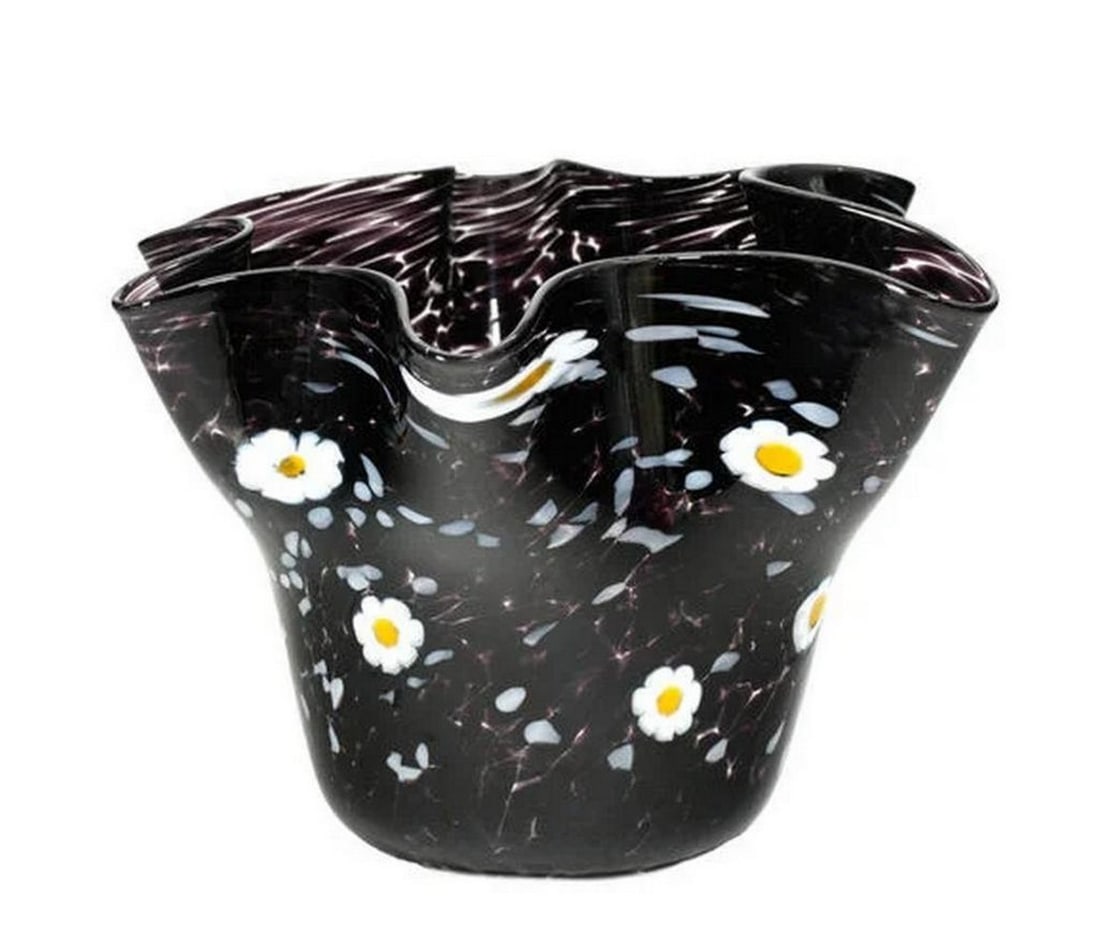 Damian Black Murano Glass Centerpiece with Murrine: Damian Black Murano Glass Centerpiece with Murrine Handcrafted Venetian glass bowl vase, made using the traditional glassblowing technique and adorned with millefiori decoration. This elegant and char