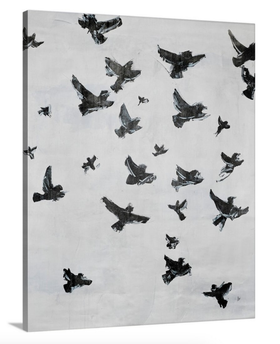 Keep the Birds Company Canvas Reproduction Wall Art: Keep the Birds Company Canvas Reproduction Wall Art This canvas depicts black birds fleeing on a white/grey canvas. Artist Joshua Schicker lived in a number of diverse locations during his youth,