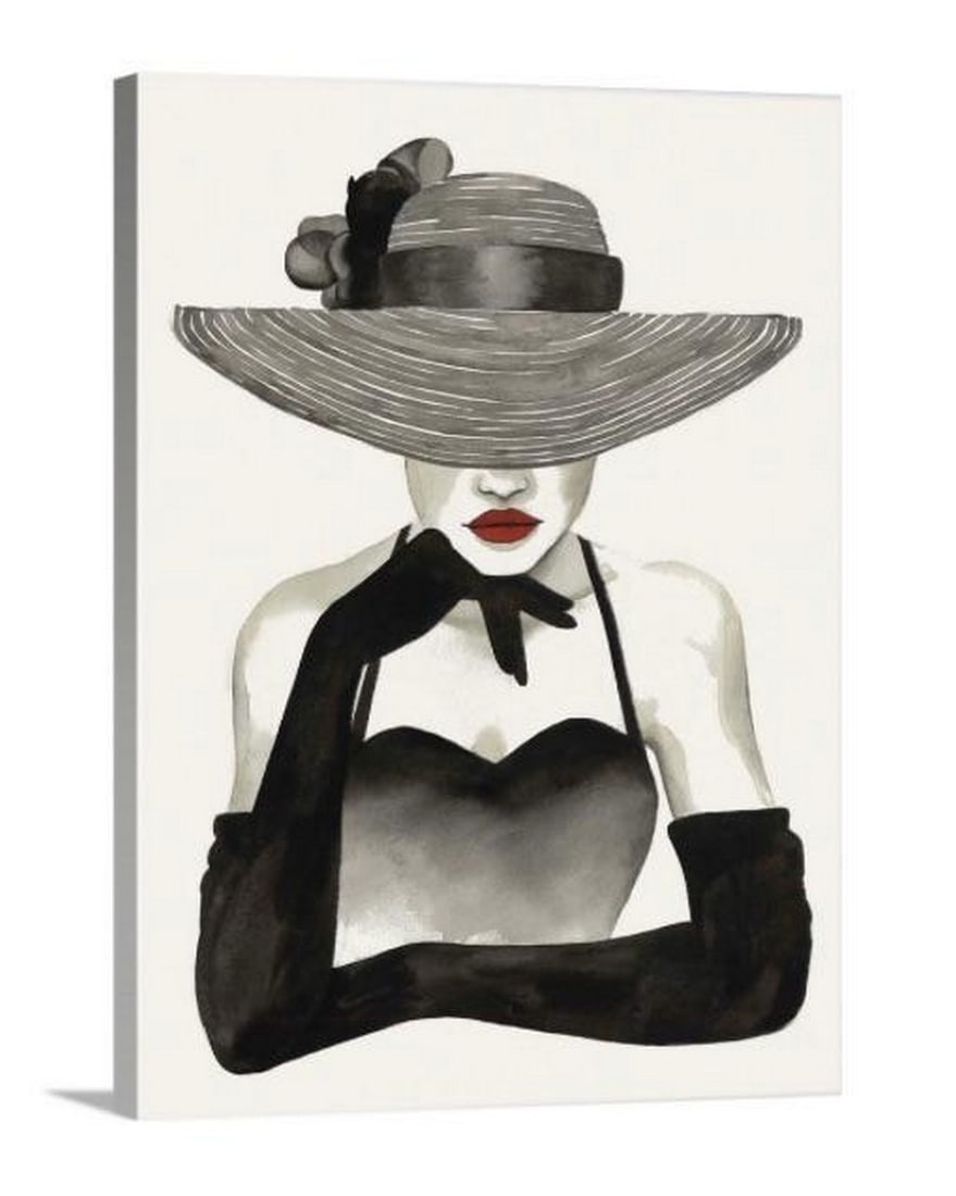 Posed For Vogue Canvas Reproduction Print: Posed For Vogue Canvas Reproduction Print Fashion docor image of a slender woman wearing elbow length black gloves and a large straw hat. Her eyes are covered, giving her an enigmatic look. Dimensions