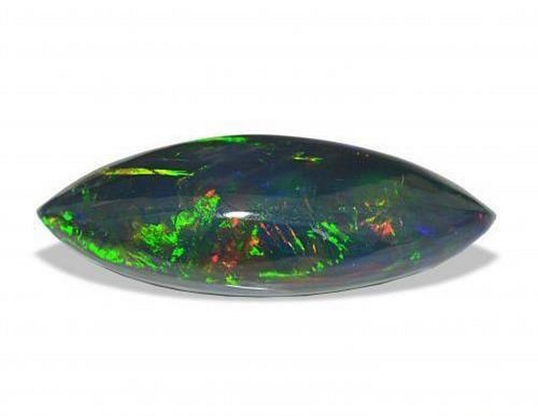 11.33ct Marquise Cabochon Natural Multicolor Black Opal Gemstone: 11.33ct Marquise Cabochon Natural Multicolor Black Opal Gemstone This 11.33ct natural black opal from Ethiopia displays a vivid multicolor play-of-color over a deep, smoky base. Cut in a striking marq