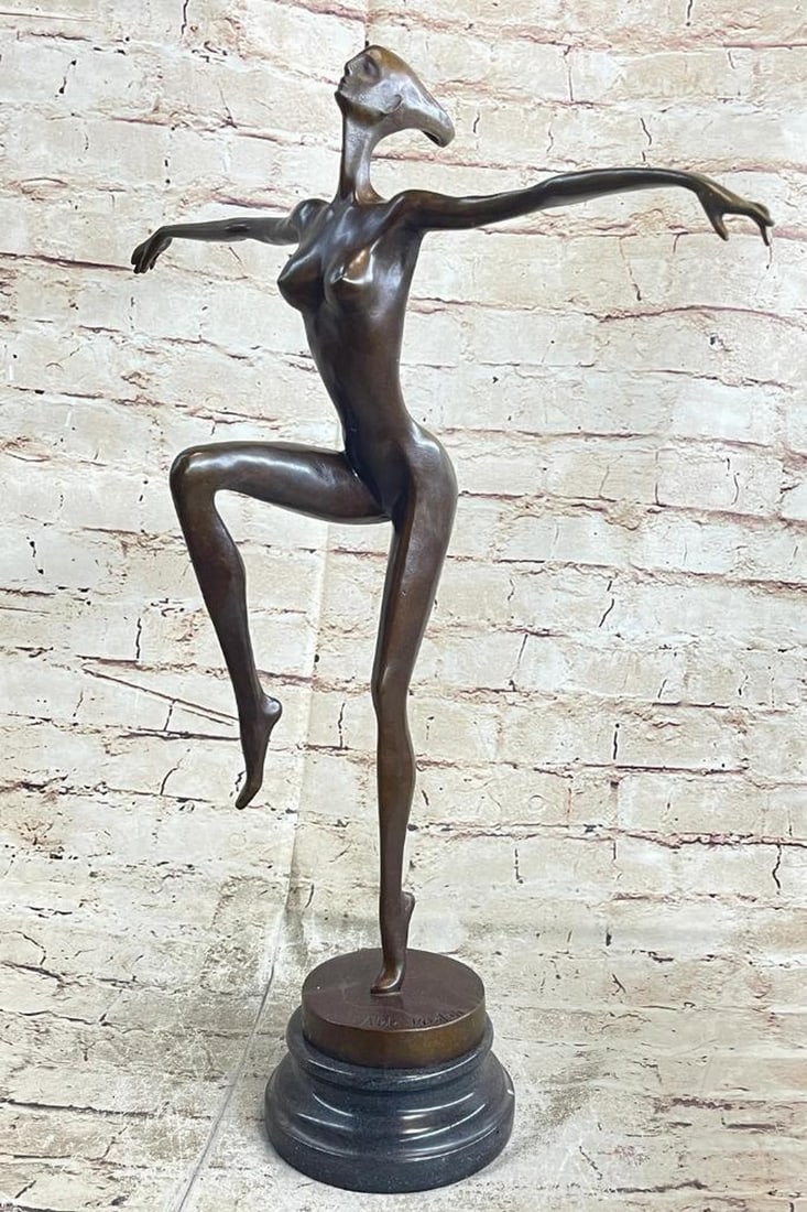 Abstract Nude Dancer Original Bronze Statue - 20" x 15": Abstract Nude Dancer Original Bronze Statue - 20" x 15" This modern bronze sculpture by Aldo Vitaleh captures elegance and grace in the form of a tall, lean woman balancing gracefully on one l