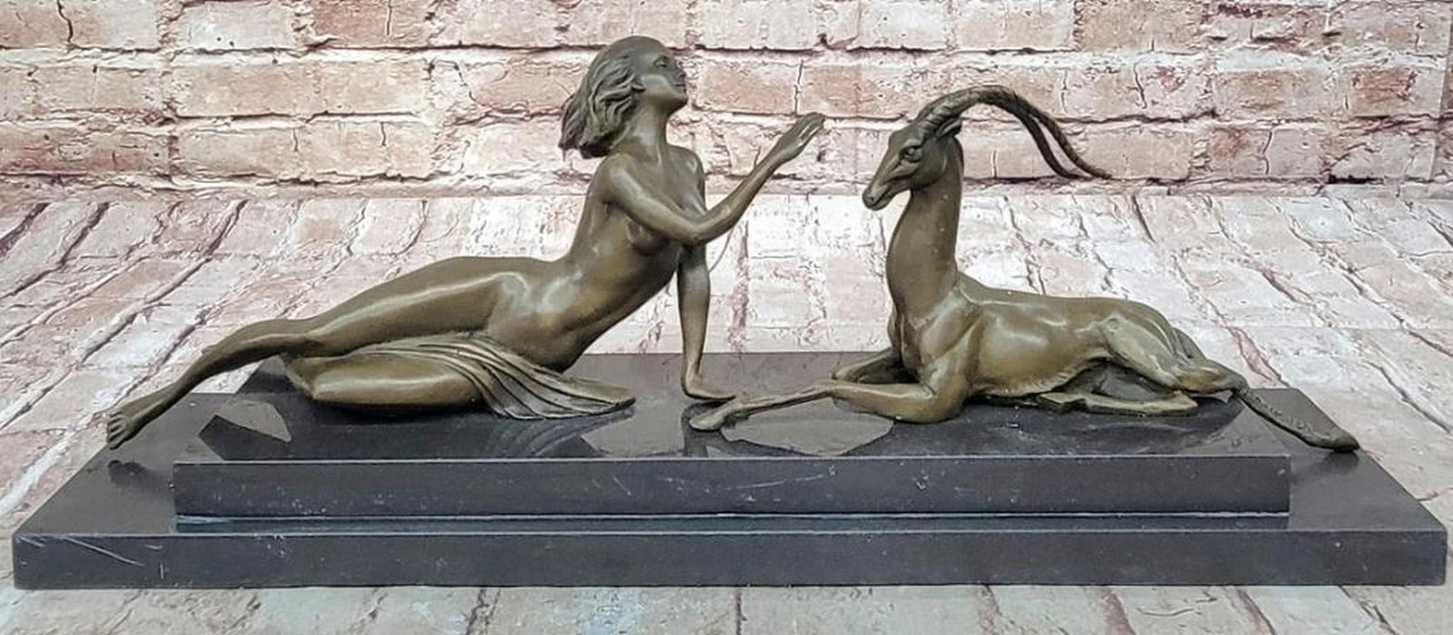 Art Deco Bronze Sculpture: Nude Diana with Goat - 7" x 19": Art Deco Original Bronze Sculpture: Nude Diana with Goat - 7" x 19" This exquisite bronze sculpture depicts a naked woman gently petting a goat, capturing a serene connection between human and