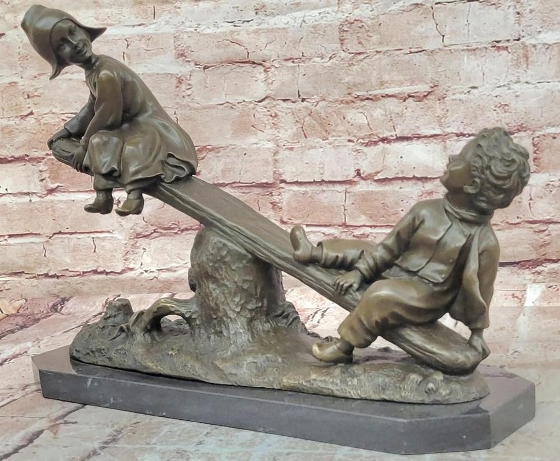 J. Daste Bronze Sculpture 'Joy' of Children on Seesaw - 11" x 15": J. Daste Bronze Sculpture 'Joy' of Children on Seesaw - 11" x 15" This bronze sculpture depicts two children playing on a seesaw, rendered with attention to proportion, balance, and expressive