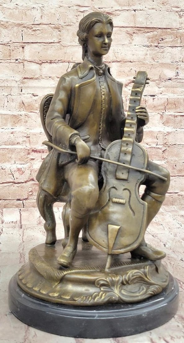 Milo Original Cello Player Bronze Sculpture on Marble Base - 14.5" x 8.5": Milo Original Cello Player Bronze Sculpture on Marble Base - 14.5" x 8.5" This original bronze sculpture depicts a European musician playing the cello, captured in a focused seated pose with d