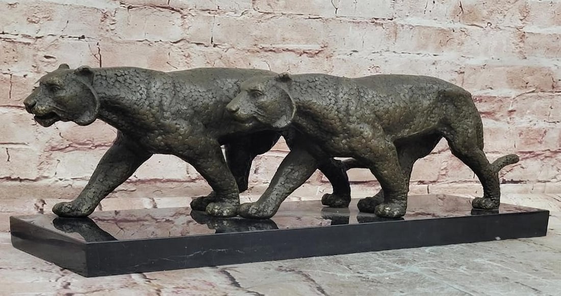 Signed Barye Art Deco Bronze Two Panthers Sculpture - 6.5" x 20.5" (1 of 6)