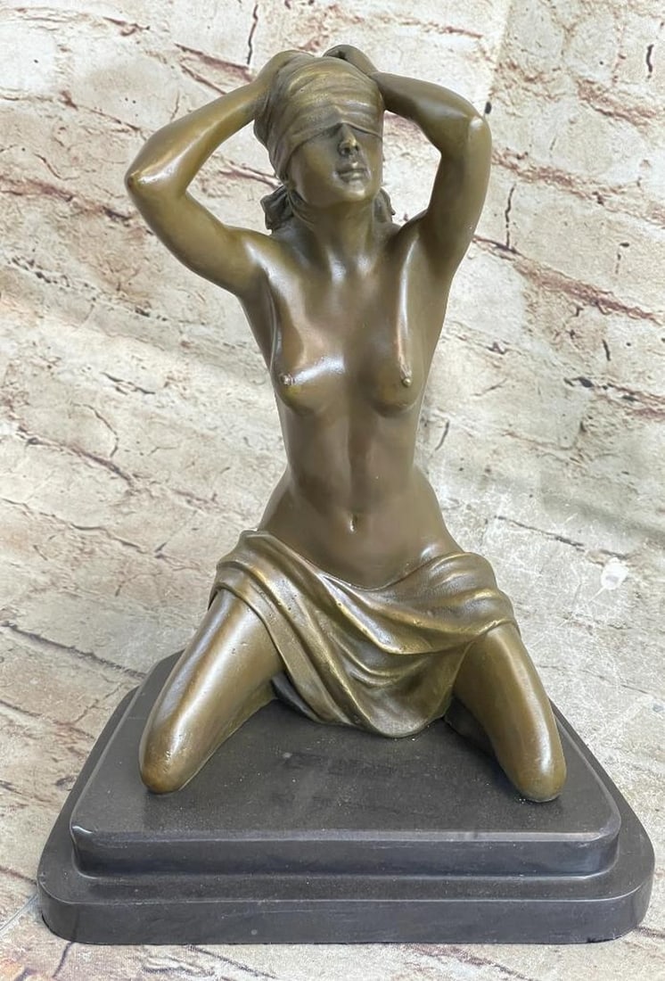 Preiss Inspired Submissive Nude Girl Blindfolded on Knees Bronze Sculpture - 12" x 9": Preiss Inspired Submissive Nude Girl Blindfolded on Knees Bronze Sculpture - 12" x 9" A nude, captive woman awaits her savior. She sits on her heels and slightly arches her back, bringing her 