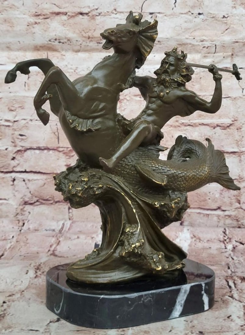 Bronze Poseidon Sculpture - Greek Sea God on Hippocampus - 12" x 12": Bronze Poseidon Sculpture - Greek Sea God on Hippocampus - 12" x 12" This original bronze sculpture by Mavchi powerfully depicts Poseidon, the Greek god of the sea, astride a mythical hippocam