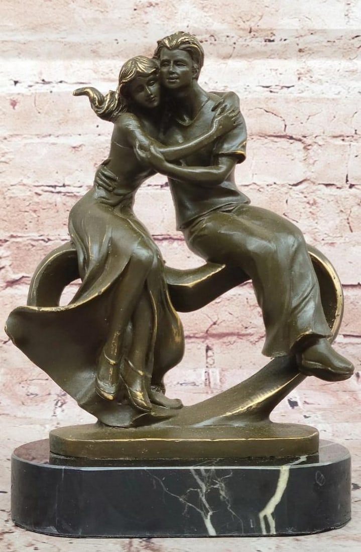 Bronze Sculpture of Embracing Lovers by Jean Patoue - Intimate Couple on Marble Base - 9" x 6": Bronze Sculpture of Embracing Lovers by Jean Patoue - Intimate Couple on Marble Base - 9" x 6" This beautifully crafted bronze sculpture by Jean Patoue depicts a loving couple caught in a hear