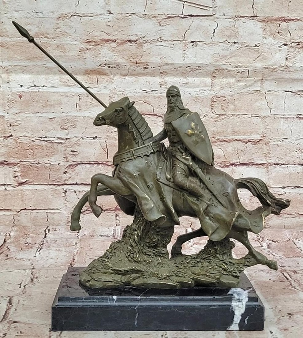 Bronze Mounted Knight by Kamiko - Medieval Warrior Statue on Marble Base - 10.5" x 10": Bronze Mounted Knight by Kamiko - Medieval Warrior Statue on Marble Base - 10.5" x 10" This bold bronze sculpture by artist Kamiko portrays a medieval knight in full armor, gallantly riding in
