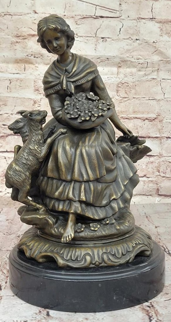 Victorian Lady Farmer with Goats Bronze Sculpture by Jean Patoue - 13.5" x 8": Victorian Lady Farmer with Goats Bronze Sculpture by Jean Patoue - 13.5" x 8" This delightful bronze sculpture by Jean Patoue, Victorian Lady Farmer with Goats, captures the serene charm of pa