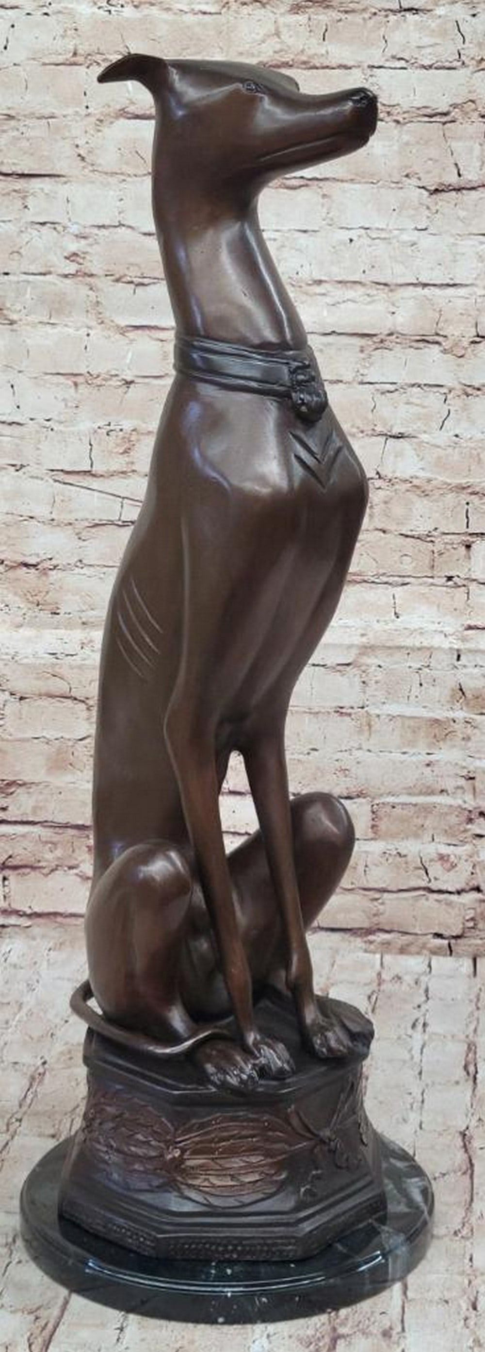 Lifelike Greyhound Bronze Sculpture Inspired by Moigniez - 31" x 11": Lifelike Greyhound Bronze Sculpture Inspired by Moigniez - 31" x 11" This exquisite bronze sculpture masterfully captures the essence of the Greyhound, renowned for its gentle and graceful dem