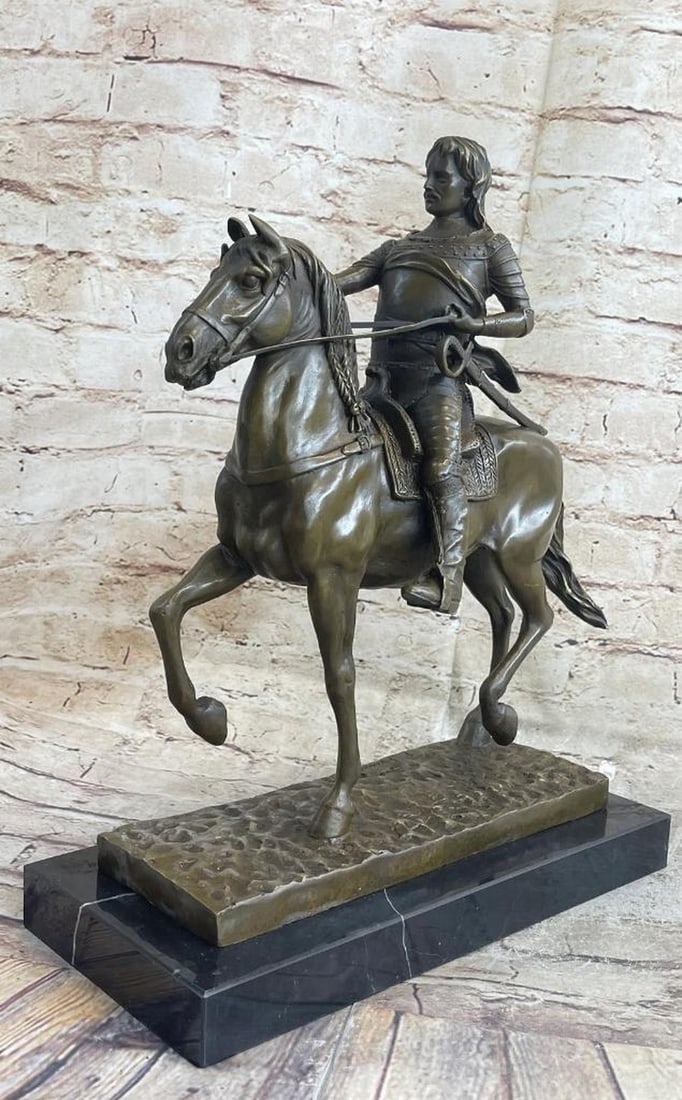 European Warrior on Horseback Bronze Sculpture by Fremiet - 15" x 12": European Warrior on Horseback Bronze Sculpture by Fremiet - 15" x 12" This impressive bronze sculpture depicts a European warrior mounted on his horse, poised for battle with sword in hand. Ex