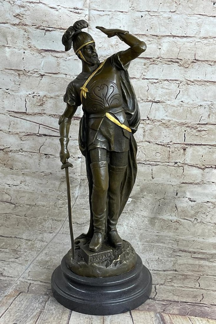 Gold Patina Bronze Roman Legion Soldier Sculpture by F. Pizarro - 15" x 7": Gold Patina Bronze Roman Legion Soldier Sculpture by F. Pizarro - 15" x 7" This striking bronze sculpture by F. Pizarro vividly depicts a Roman legion soldier standing resolutely amidst the af