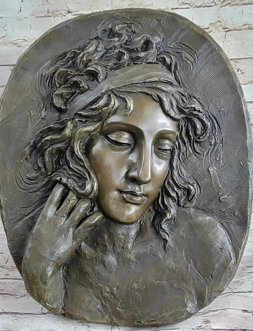 Elegant Profile of a Young Woman Bronze Wall Sculpture by Jean Patoue - 18" x 15": Elegant Profile of a Young Woman Bronze Wall Sculpture by Jean Patoue - 18" x 15" This stunning bronze wall sculpture beautifully captures the profile of a young woman, her solemn expression e