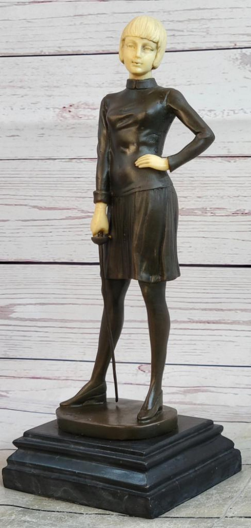 Art Deco Bronze and Resin Female Fencer Inspired Sculpture by Preiss - 12.5" x 5": Art Deco Bronze and Resin Female Fencer Inspired Sculpture by Preiss - 12.5" x 5" his stunning Art Deco sculpture features a hot cast bronze and resin figure of a female fencer, elegantly pois