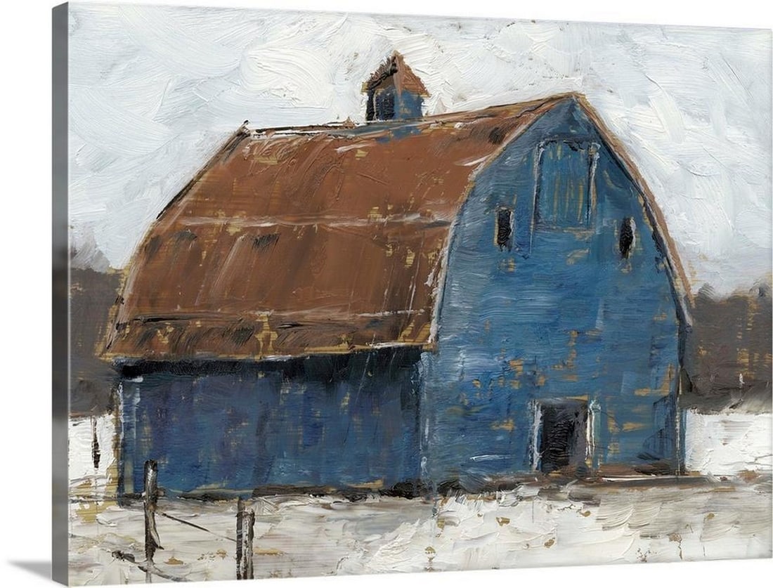 Blue Barn I - Canvas Reproduction by Ethan Harper: Blue Barn I - Canvas Reproduction by Ethan Harper Bring a touch of serene countryside charm to your space with *Blue Barn I*, a contemporary canvas reproduction by Ethan Harper. This piece features a 