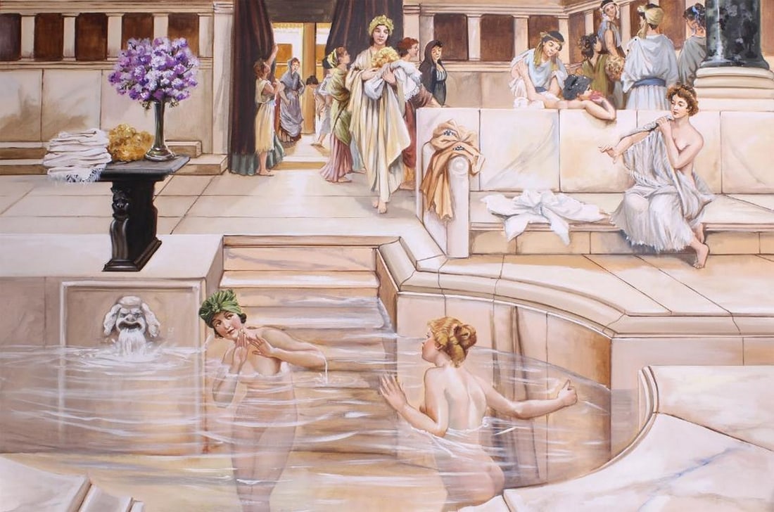 Ladies in the Bath Fresco: Ladies in the Bath Fresco The 'Ladies in the Bath Fresco' is crafted by qualified Masters of Arts. Frescoes are unique in their technique; pigments are applied directly onto fresh wet plaster on the w