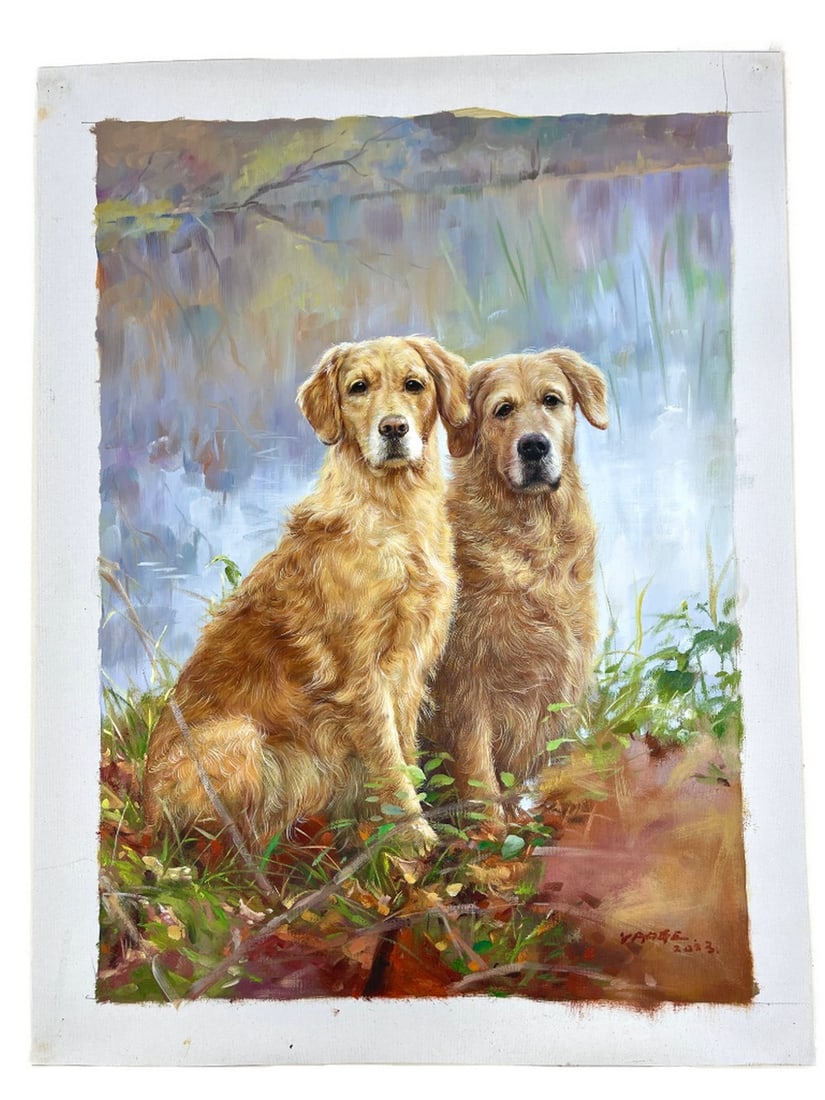 Golden Retrievers Duo Original Acrylic Painting Signed By Artist Yaoge - 20" x 28": Golden Retrievers Duo Original Acrylic Painting Signed By Artist Yaoge - 20" x 28" Immerse yourself in the heartwarming charm of our "Golden Retrievers Duo" original acrylic painting,