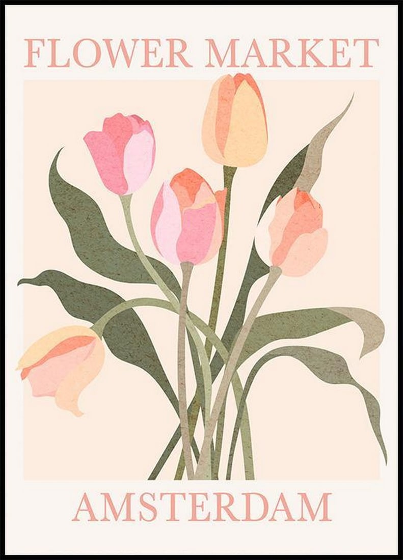 Blooms of Amsterdam: Flower Market Delight Poster Print - 28" x 20": Blooms of Amsterdam: Flower Market Delight Poster Print - 28" x 20" Introducing our exquisite poster featuring a captivating illustration of tulips in shades of pink and orange, adorned with