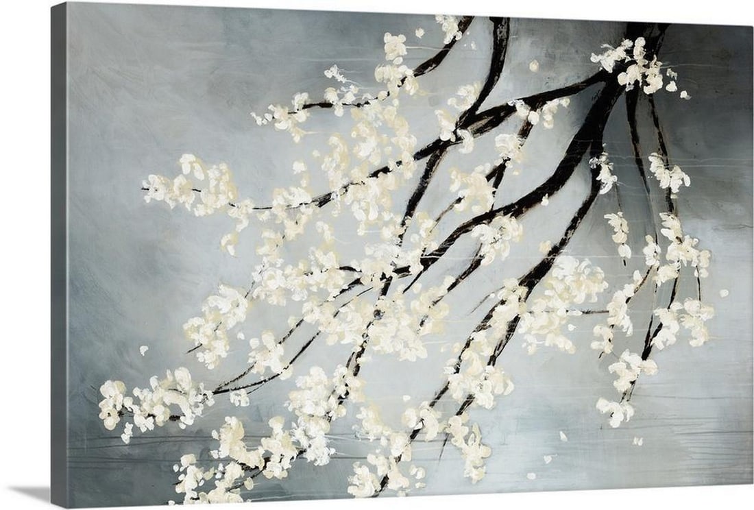 Blossoming Cherry Tree Canvas Reproduction Print: Blossoming Cherry Tree Canvas Reproduction Print Contemporary drawing of blooming white flowers on the dark branches of a cherry tree hanging down from the top. Artist: Kari Taylor Previously a dancer