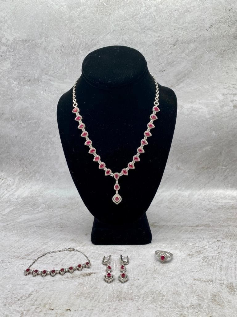 Radical Red Ruby Pears And Austrian Crystal 14K White Gold Plated 925 Sterling Silver Set (1 of 5)