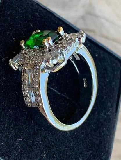 Sterling Silver Green Emerald-Cut Ring with White Accent Stones (1 of 7)