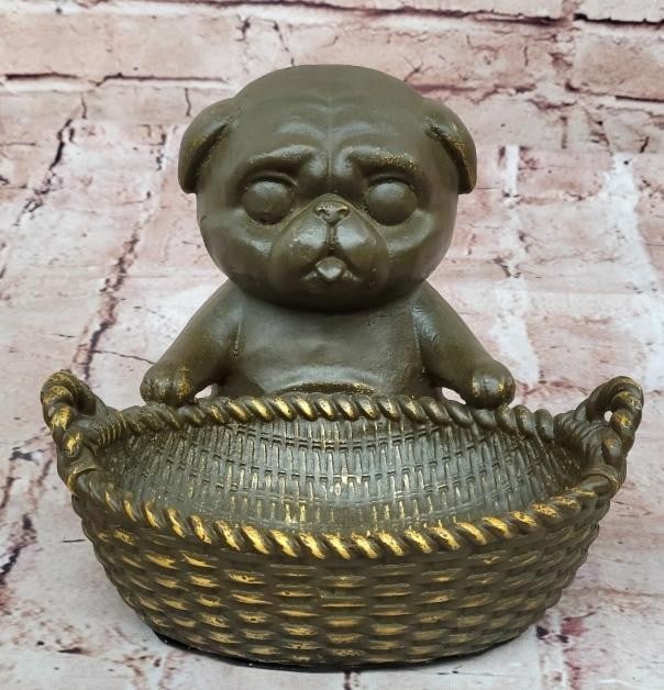 Bronze Pug with Basket Sculpture (1 of 7)