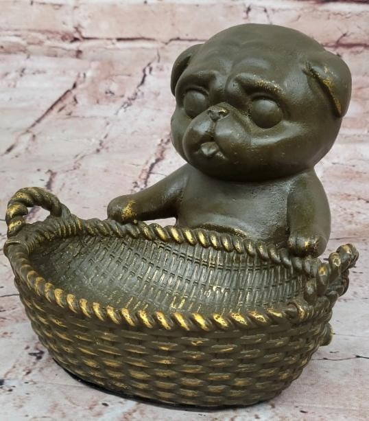 Bronze Pug with Basket Sculpture - 3