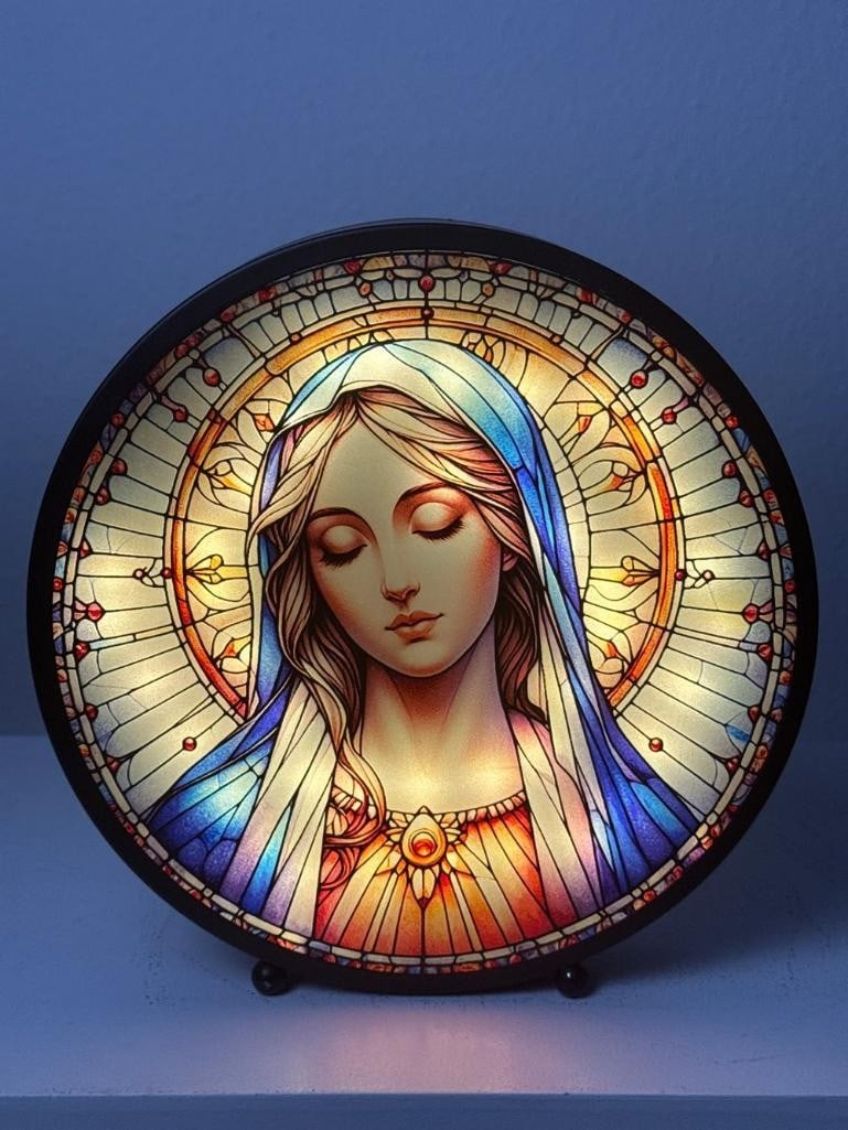 Glowing Virgin Mary Figure - Lighted Prayer Panel for Home Altar: Glowing Virgin Mary Figure - Lighted Prayer Panel for Home Altar Add a gentle glow to your prayer space with this Luminous Virgin Mary Light Panel. Featuring a stained-glass-inspired image framed by