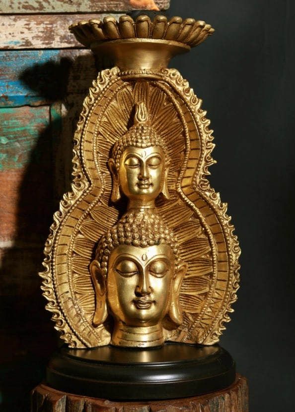 11'' Double Face Buddha with Candle Holder on Wooden Base (1 of 4)