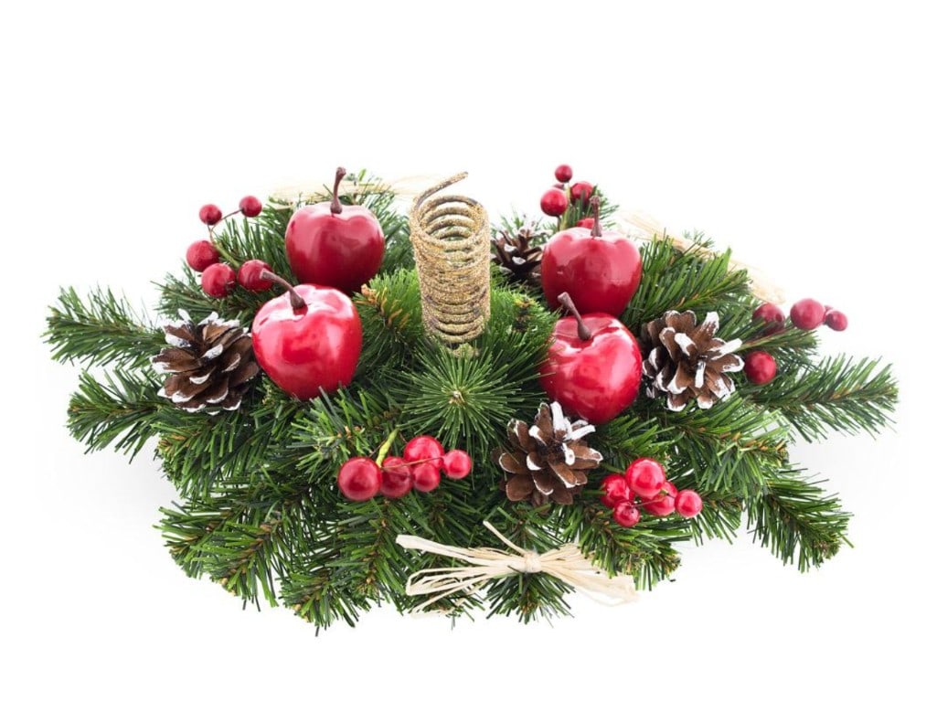 Festive Centerpiece With Candle Holder: Festive Centerpiece With Candle Holder Gleaming red berries, apples, snow-tipped pine cones, and evergreen branches surround a gold glitter candle base creating an elegant and functional candle holder