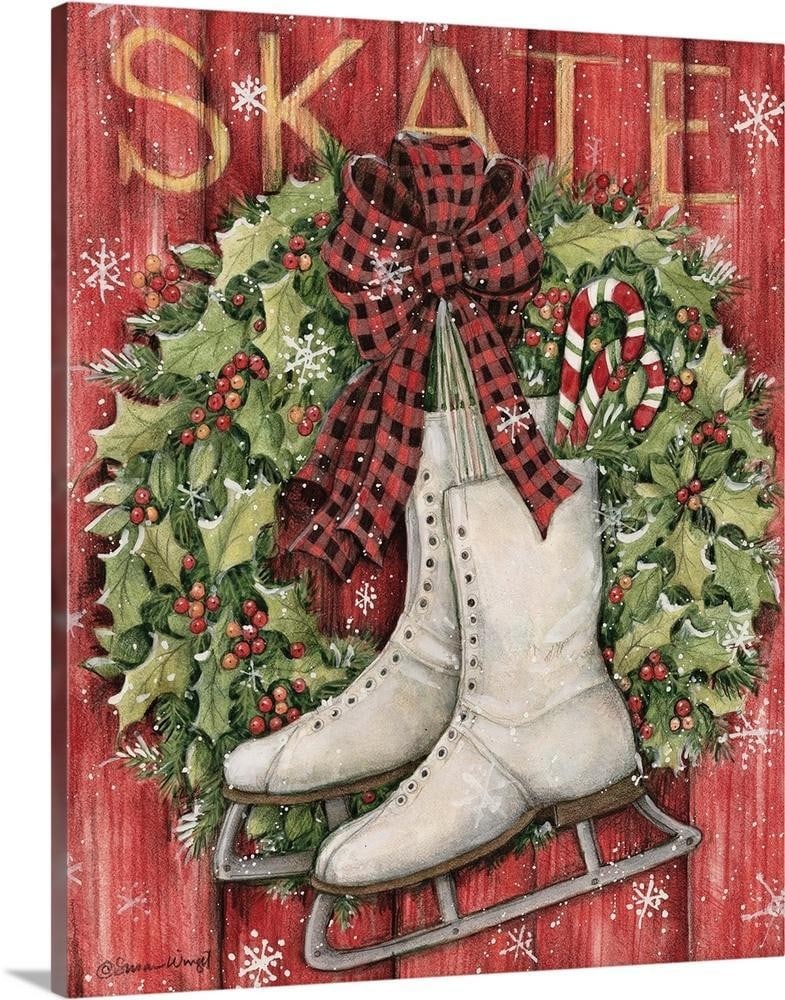 Festive Ice Skates on Wreath Wall Art Canvas - 20'' x 16'': Festive Ice Skates on Wreath Wall Art Canvas - 20" x 16" Elevate your holiday decor with the Festive Ice Skates on Wreath Wall Art Canvas. This charming canvas print, measuring 20" x 16"
