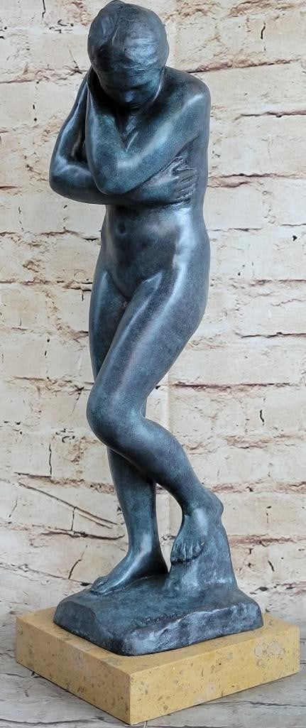Rodin Inspired Green Patina Nude Shy Girl Bronze Sculpture - 18'' x 5.5'': Rodin Inspired Green Patina Nude Shy Girl Bronze Sculpture - 18" x 5.5" Cast commissioned by the French state for the Musee du Luxembourg in 1911, transferred to the Musee Rodin in 1918. In his 