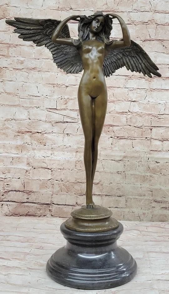 Adolph Weinman's 'Descending Night' Bronze Nude Art Angel Sculpture on Marble Base - 21'' x 16'': Adolph Weinman s Descending Night Bronze Nude Art Angel Sculpture on Marble Base - 21" x 16" Adolph Weinman s Descending Night bronze nude art angel sculpture, poised on a refined marble base, i