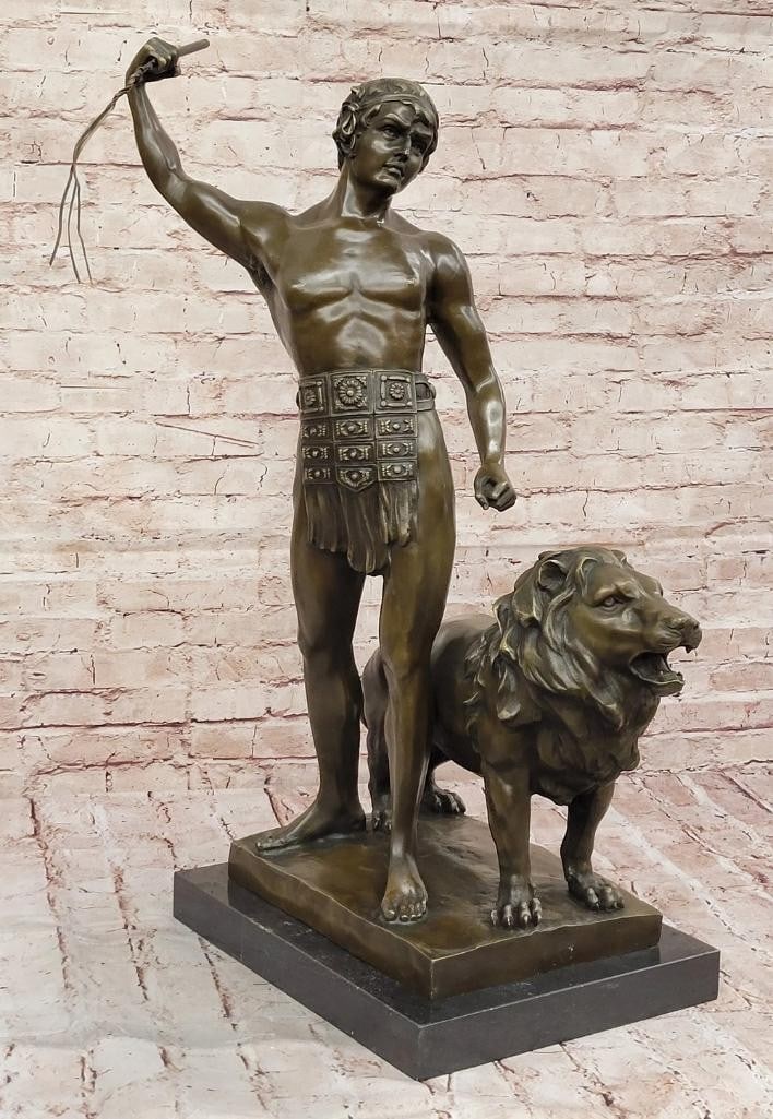 Roman Gladiator and Lion Bronze Sculpture by Debut - 30'' x 20'': Roman Gladiator and Lion Bronze Sculpture by Debut - 30" x 20" This large and striking bronze sculpture by renowned artist Debut depicts a Roman gladiator standing proudly beside a majestic lion