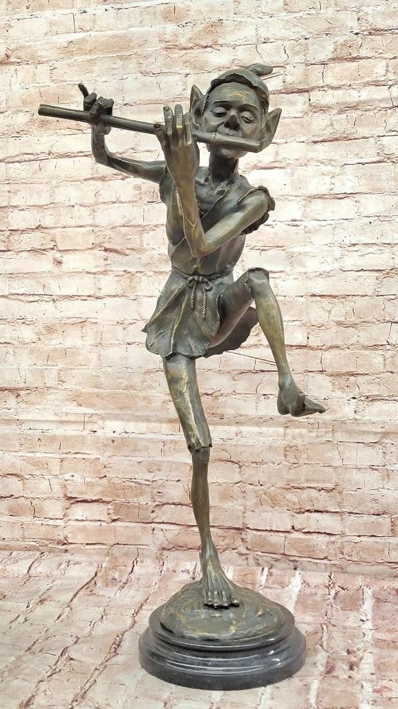 Whimsical Bronze Leprechaun Sculpture - Dancing Flute Player - 31'' x 20'': Whimsical Bronze Leprechaun Sculpture - Dancing Flute Player - 31" x 20" This original limited edition bronze sculpture by M. Lopez (Milo) captures the playful spirit of a leprechaun joyfully pl