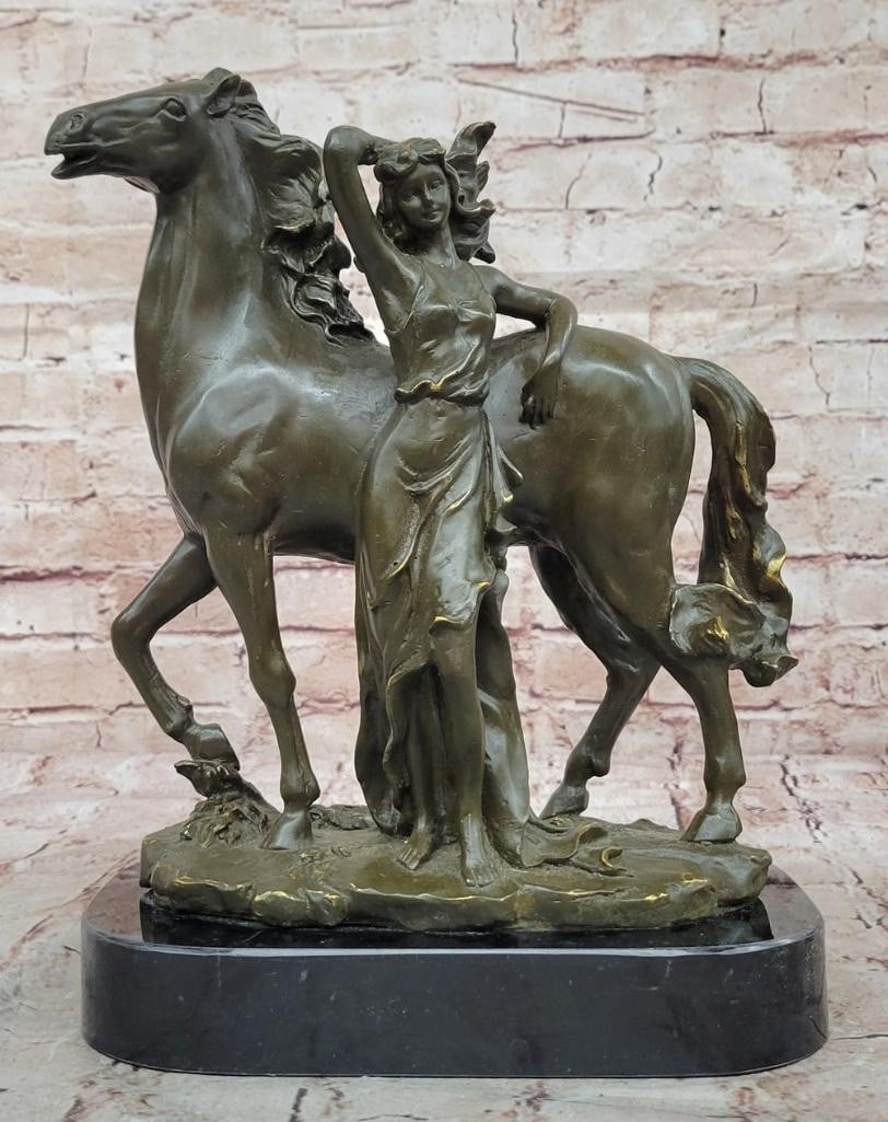 Reminiscent Lady with Horse Signed Bronze by Milo - 12'' x 11'': Reminiscent Lady with Horse Signed Bronze by Milo - 12" x 11" This signed and numbered limited edition bronze by acclaimed artist Milo captures a serene moment of connection between a graceful w