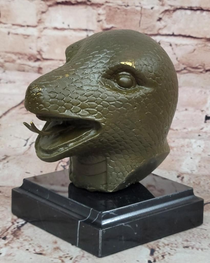 Bronze Snake Head Sculpture on Marble Base - Serpent Bus - 6'' x 5'': Bronze Snake Head Sculpture on Marble Base - Serpent Bus - 6" x 5" This original signed bronze sculpture by artist Yanze presents a powerful representation of the Snake, the sixth sign of the Ch
