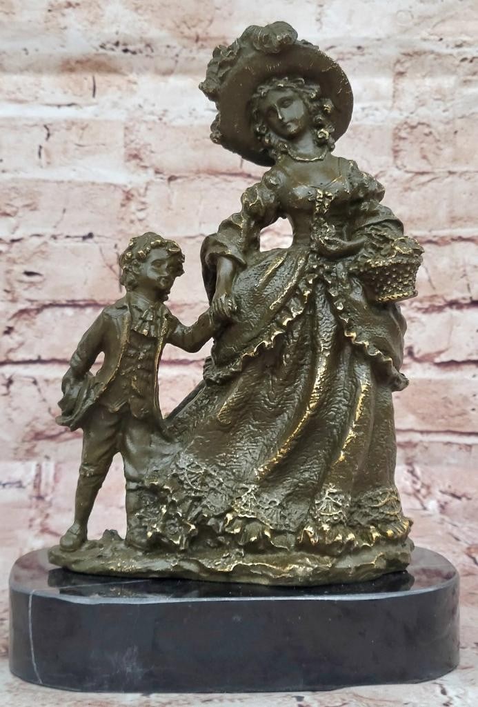 Signed Bronze Sculpture by Cesaro of a Mother and Child - 10'' x 7'': Signed Bronze Sculpture by Cesaro of a Mother and Child - 10" x 7" This signed original bronze sculpture by Cesaro captures a tender moment between a Victorian woman and her young son, embodying