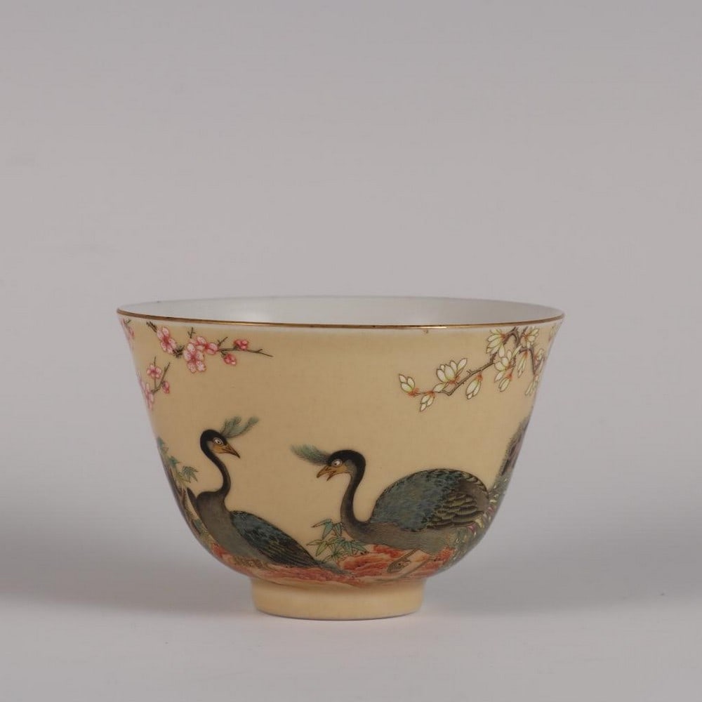 Qing Dynasty Yongzheng Inspired Beige Glaze Famille Rose Cup with Flower and Bird Pattern: Qing Dynasty Yongzheng Inspired Beige Glaze Famille Rose Cup with Flower and Bird Pattern An inspired porcelain cup in the style of the Yongzheng period (1723-1735) of the Qing Dynasty, featuring a wa