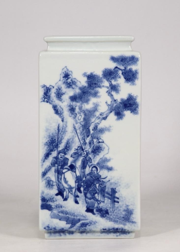 Blue and White Character Story Square Vase Inspired by Wang Bu: Blue and White Character Story Square Vase Inspired by Wang Bu A beautifully painted blue and white square-form vase (Quartet bottle) inspired by the Republic of China period, attributed to the celebr