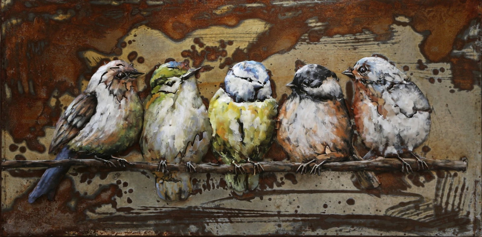 3 Dimensional Cannery Birds Wall Mount Oil Painting on Metal Canvas Sculpture: 3 Dimensional Cannery Birds Wall Mount Oil Painting on Metal Canvas Sculpture. 3D UNIQUE METAL ART - Each piece involves complex craftsmanship; cutting, modeling, welding, aging treatment, anti rust t
