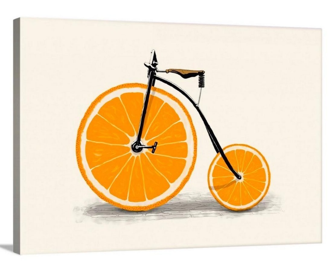 Orange Wheel Bicycle Canvas Reproduction: Orange Wheel Bicycle Canvas Reproduction This canvas depicts a unique bicycle with a slice of orange for the wheels. Artist Florent Bodart is a French illustrator. He creates whimsical artwork that is