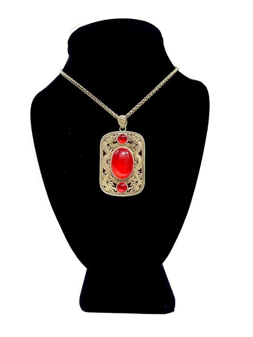 Classic Art National Style Miao Silver Double Dragon Hollow Necklace with Red Stone Pendant (1 of 3)