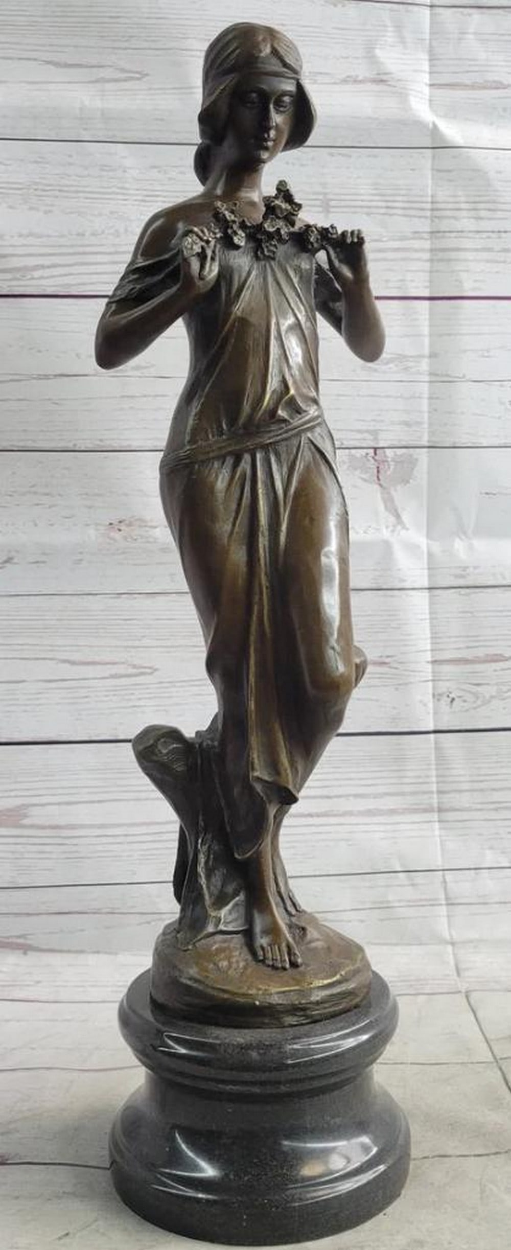 Maiden Art Nouveau Original Bronze Sculpture Signed by Jean Patoue on Marble Base - 19.5" x 5.5": Maiden Art Nouveau Original Bronze Sculpture Signed by Jean Patoue on Marble Base - 19.5" x 5.5" Embrace the essence of spring with this stunning Art Nouveau bronze sculpture crafted by the re