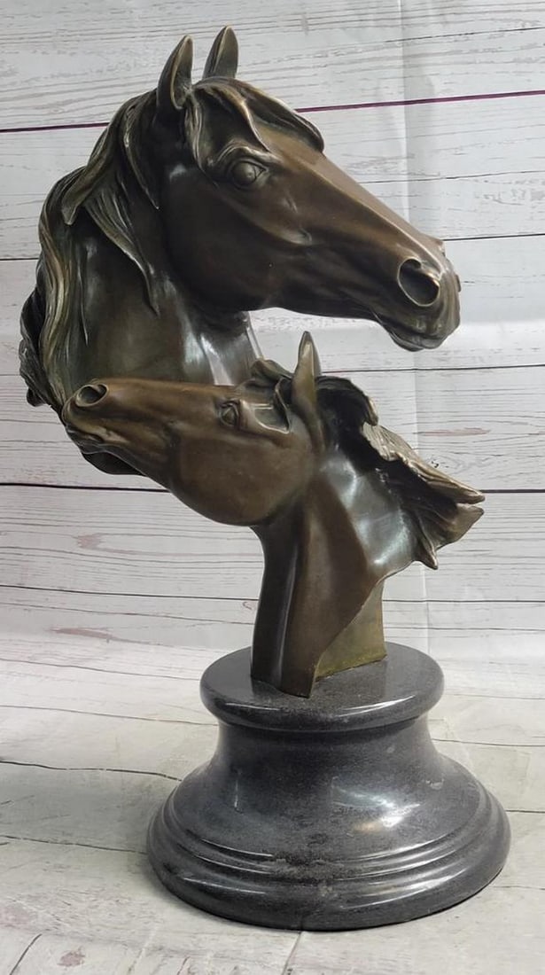 Dynamic Equine Energy: Original Bronze Bust Signed by Milo - 18" x 10": Dynamic Equine Energy: Original Bronze Bust Signed by Milo - 18" x 10" Immerse yourself in the intense and dynamic energy emanating from this exceptional bronze bust featuring two horses, expe