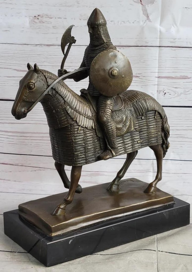 European Knight on Horse Back Inspired Bronze Statue - 12" x 10": European Knight on Horse Back Inspired Bronze Statue - 12" x 10" This sculpture masterfully depicts a resolute medieval knight, showcasing his unwavering bravery with a shield on one arm and